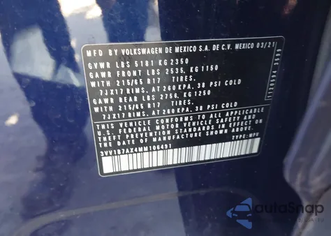 2021 Volkswagen Tiguan 2.0T S z USA, uszkodzony, nr VIN 3VV1B7AX4MM106491